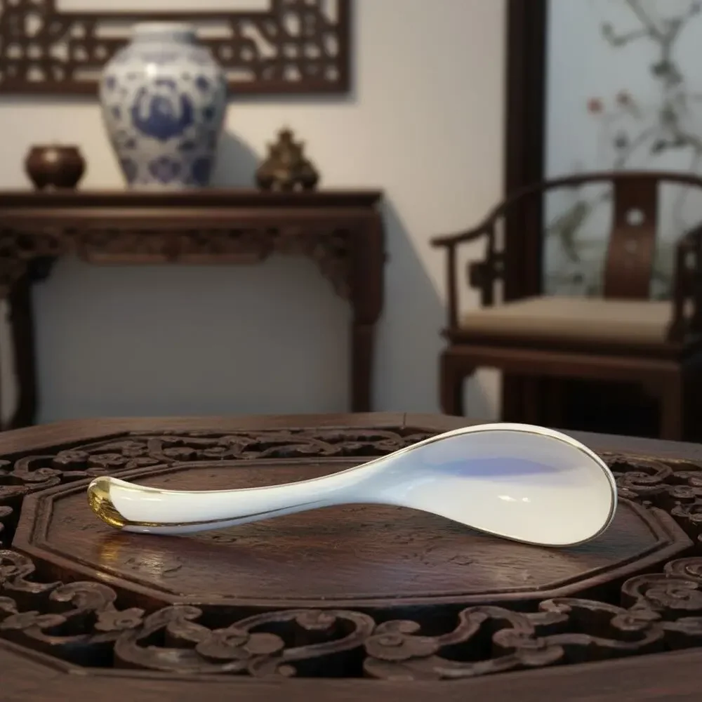 Vintage Porcelain Chinese Soup Spoon-Gold Trim-Rice Wonton Spoon-Asian-Noodle